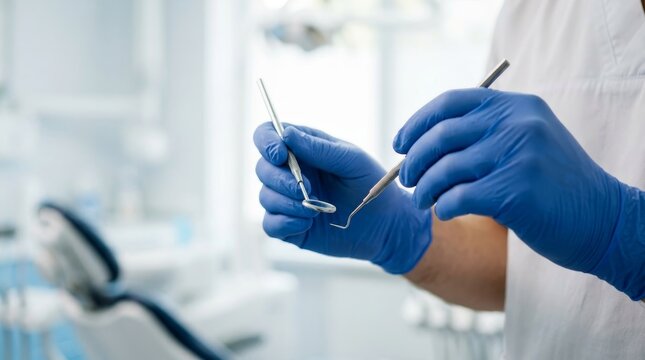 Two gloved hands hold dental tools in a bright clinical setting