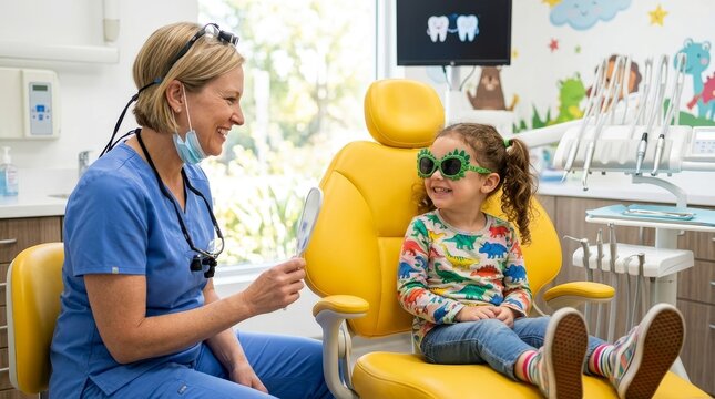A friendly dentist talks with a smiling young patient during a dental visit.