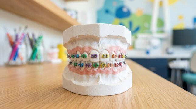 Dental model shows colorful braces on a wooden table in a clinic.