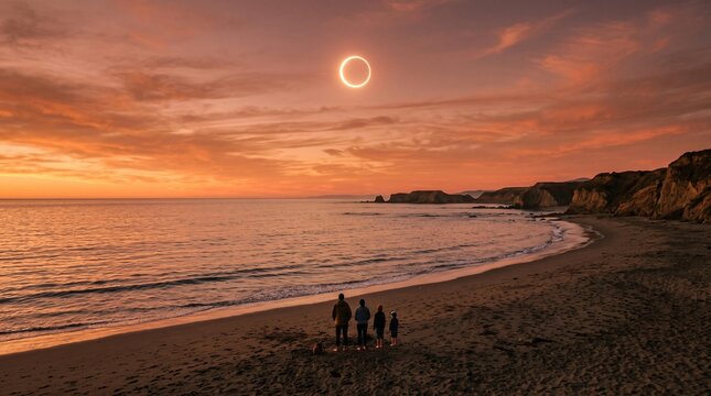 Silhouettes watching a solar eclipse over a serene beach at sunset.
