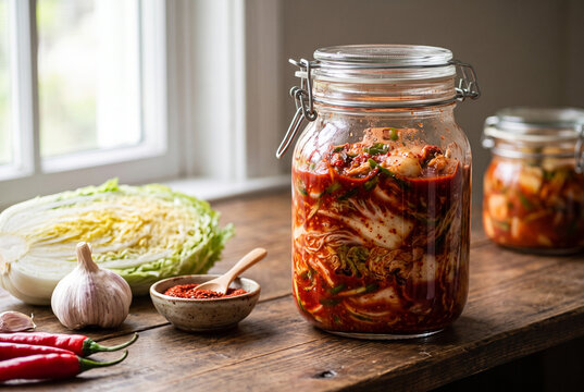 Homemade spicy Korean kimchi fermenting in glass jar with fresh raw ingredients on rustic wooden table