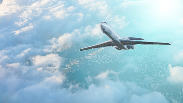 Commercial Airplane Flying Over City and Lakes Aerial View &mdash; 3D Render