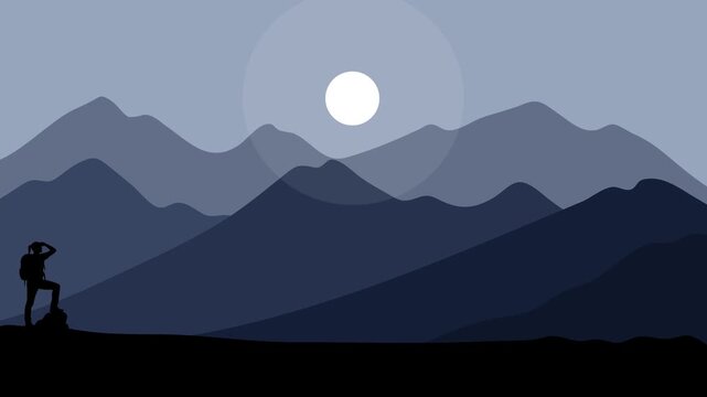 Blue Mountain Landscape Adventure Background with Hiker Silhouette Animation
