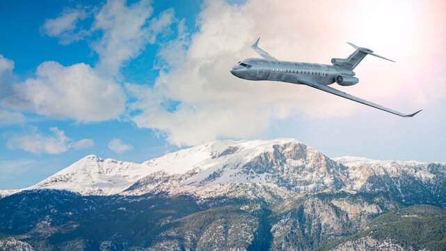 Silver Commercial Airplane Flying Over Snowy Mountains Against Turquoise Sky &mdash; 3D Render