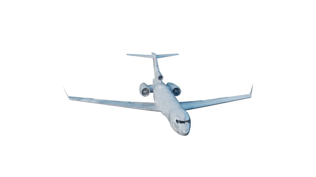 Dark Commercial Airplane Flying Bottom View Isolated on White Background &mdash; 3D Render