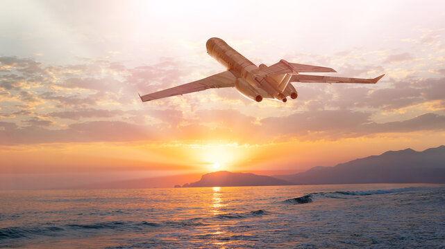 Commercial Airplane Flying Over Ocean at Golden Sunset with Mountain Silhouette &mdash; 3D Render
