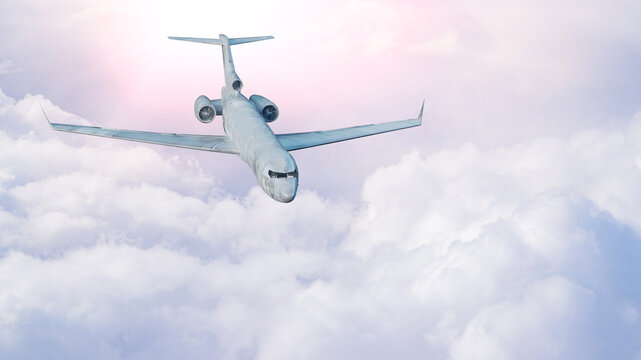 White Commercial Airplane Flying Through Soft Pastel Clouds &mdash; 3D Render