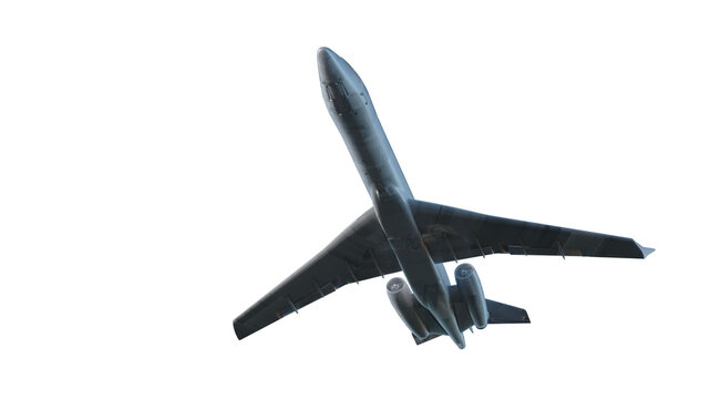 Dark Commercial Airplane Flying Bottom View Isolated on White Background &mdash; 3D Render