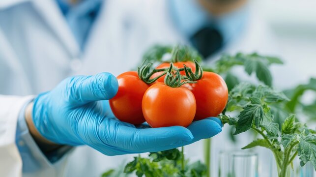 close up hand scientist hold tomato in technology laboratory. GMO and laboratory studies, vegetable, laboratory, biology, science, agriculture, chemical, research, modification