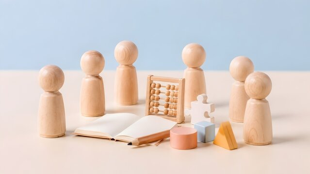 Wooden peg dolls with abacus and blank notebook representing team building education and human resources training concept