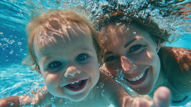 Cute smiling baby and mom having fun swimming and diving in the pool at the resort on summer vacation. Activities and sports to happy kid, family, holiday,