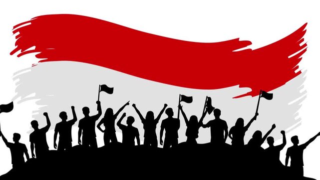 Indonesia Independence Day Celebration Banner with Crowd Silhouette and Flag Brush Stroke Looping Animation Background