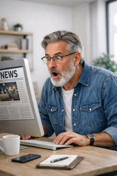 A man reacting with surprise to the news he's reading on a computer. He's sitting at a desk in an office environment.