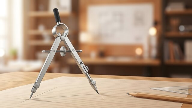 Drafting compass and pencil on a wooden desk with a blueprint in a bright office.