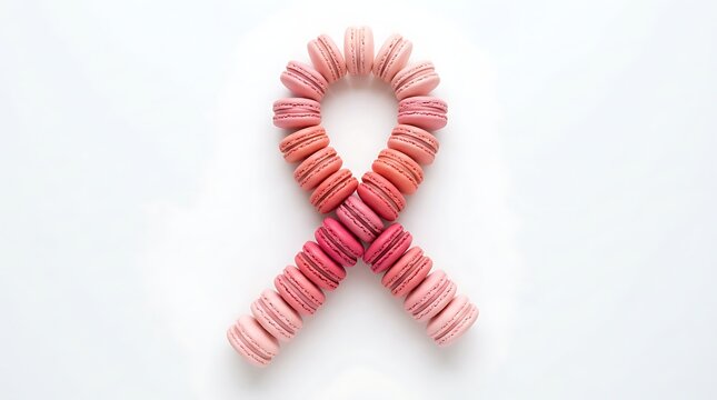 Awareness ribbon formed by assorted pink french macarons arranged on a clean white background with against bright minimalist displays collection pink