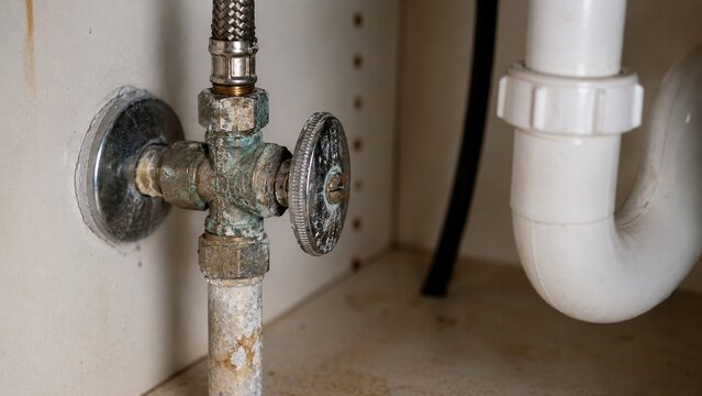 Close-up of older residential plumbing shutoff valve beneath sink showing moderate mineral deposits and corrosion around stem and connection