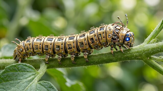 Steampunk caterpillar robot with glowing blue eyes crawling on a green branch outdoors, detailed mechanical insect design