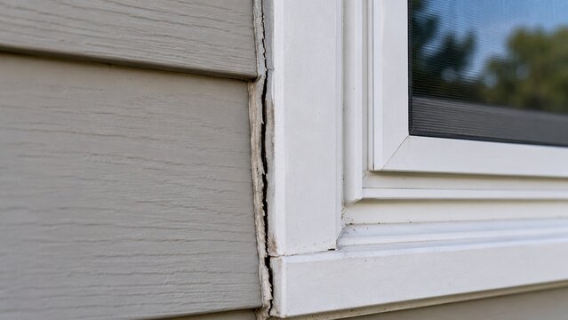 Close-up of residential exterior window frame showing small section of cracked and separated sealant between trim and siding