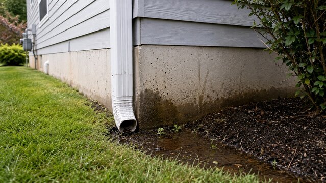 Residential gutter downspout terminating immediately beside foundation without extension