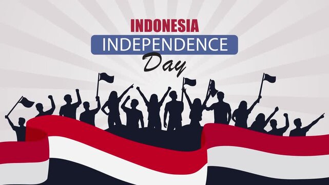 Indonesia Independence Day Celebration Banner with Crowd Silhouette Looping Animation Background