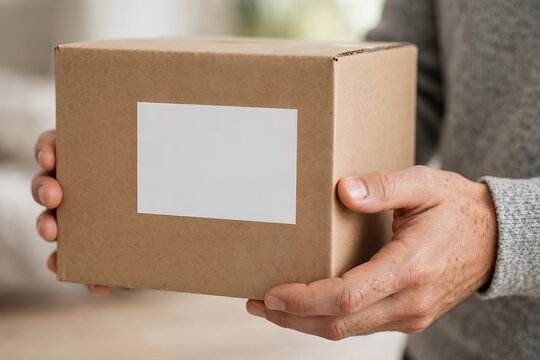 Hands holding cardboard package box with blank white label mockup