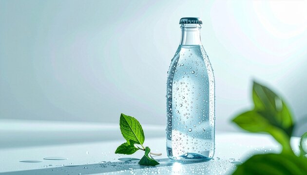 A cold bottle of sparkling water with condensation droplets and fresh mint leaves on a wet surface. The bright blue background creates a refreshing, clean, and healthy mood.