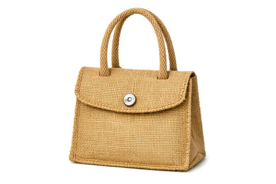 Cream woven fabric shoulder bag with strap and button closure.