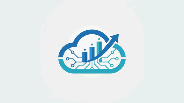 Vector cloud analytics icons. Includes bar chart, growth arrow, circuit, and data visualization designs in blue and teal colors. Perfect for cloud computing, business analytics, big data, Sa