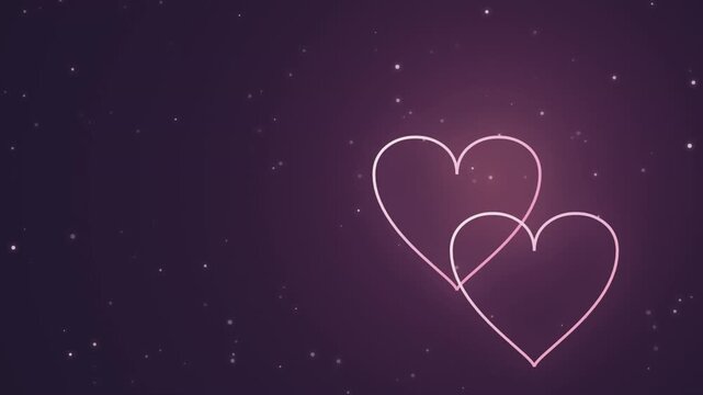 Two glowing neon hearts interlocked against dark romantic backdrop with twinkling stars ideal for valentines day celebration event.