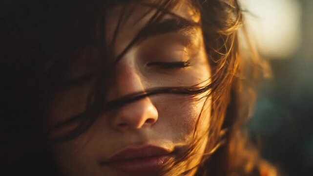 Woman face partially obscured by hair in sunset.