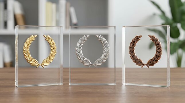 Set of transparent acrylic award plaques featuring golden silver and bronze laurel wreath emblems for first second and third place recognition award medal plaque plate trophy glass acrylic
