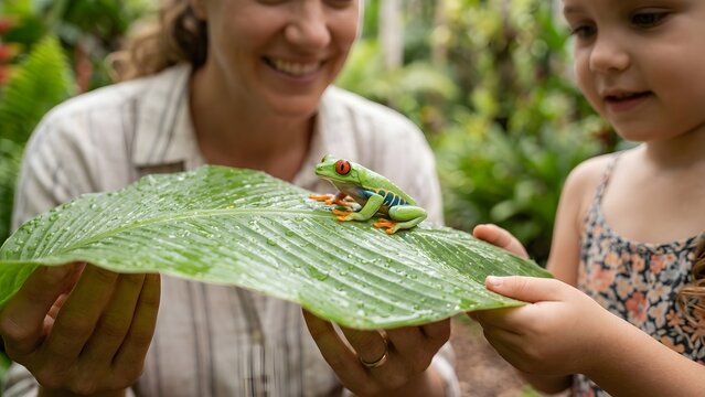 Mother and daughter observing a red-eyed tree frog on a large wet leaf in a garden or zoo.