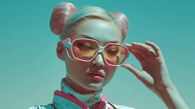 Stylish woman with pink hair wearing retro futuristic sunglasses