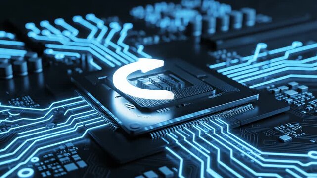 futuristic glowing cpu chip on a blue circuit board with glowing lines and connections