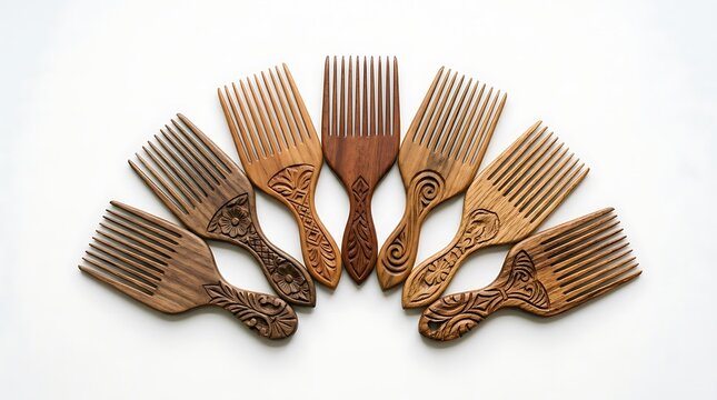 Seven handcrafted wooden hair picks arranged in symmetrical fan pattern against clean white background surface with displays seven intricately