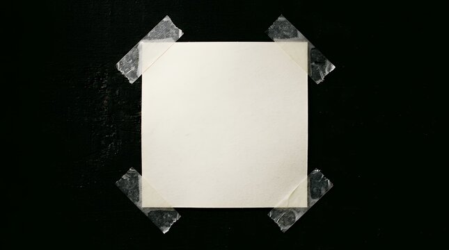 Blank square ivory note paper secured on all four corners with clear masking tape strips on a pitch dark setting background note paper tape corner isolated black blank sheet mockup design element
