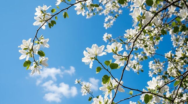 Low angle view of delicate white orchid tree flowers blooming on slender branches against a brilliant blue sky on a sunny spring day white blossom tree branch spring natural light garden closeup