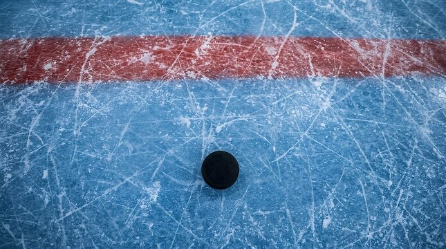 High Angle View of a Vulcanized Rubber Hockey Puck Placed on a Blue Ice Rink Surface with Skate Marks and Red Boundary Line Markings hockey puck ice rink blue top-view background skate trace stripe
