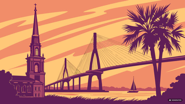 Charleston skyline vector featuring bridge and historic church steeple