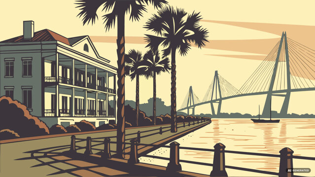 Charleston skyline vector with historic mansion and bridge
