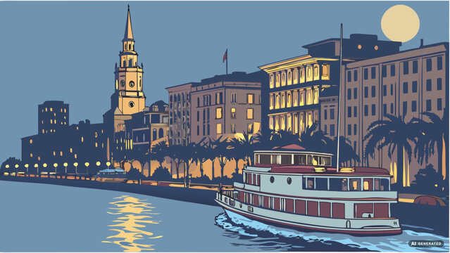 Charleston skyline vector with a boat and historic waterfront at night