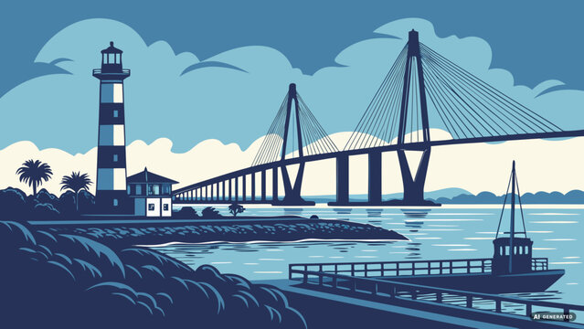Charleston skyline vector with bridge and lighthouse