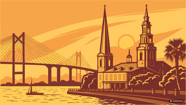 Charleston skyline vector featuring ravenel bridge and steeples