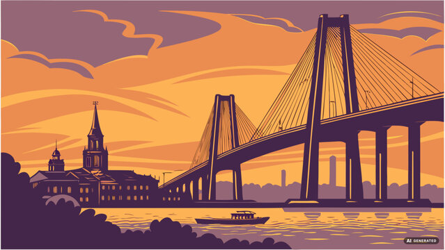 Charleston skyline vector featuring ravenel bridge and sunset city
