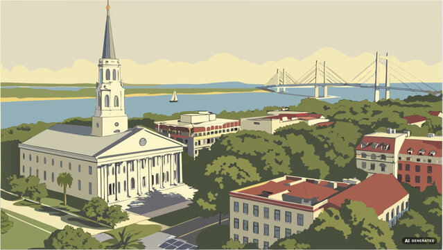 Charleston skyline vector showing historic architecture and bridge