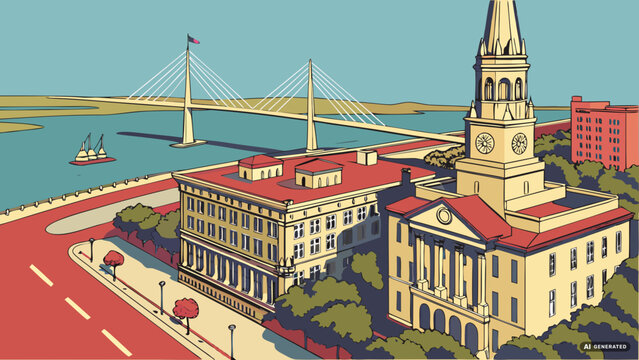 Charleston skyline vector and historic bridge scenic illustration
