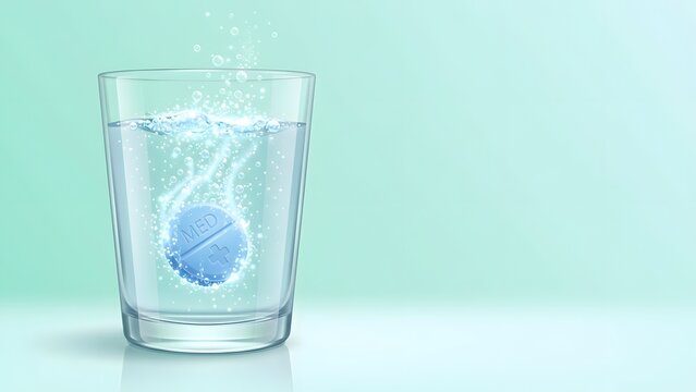 An effervescent blue medical tablet dissolves in a glass of clear water, releasing bubbles and light.