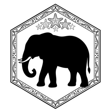 elephant illustration with henna vine and starfish design within a decorative hexagon