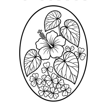 floral border featuring hibiscus, clover, and begonia leaves within an oval frame