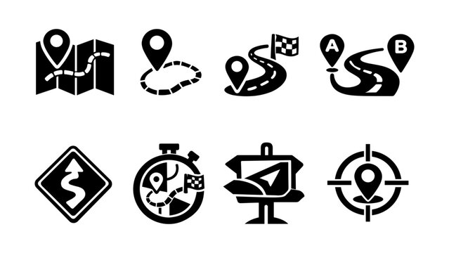 Collection of navigation and route planning icons with map pins and roads